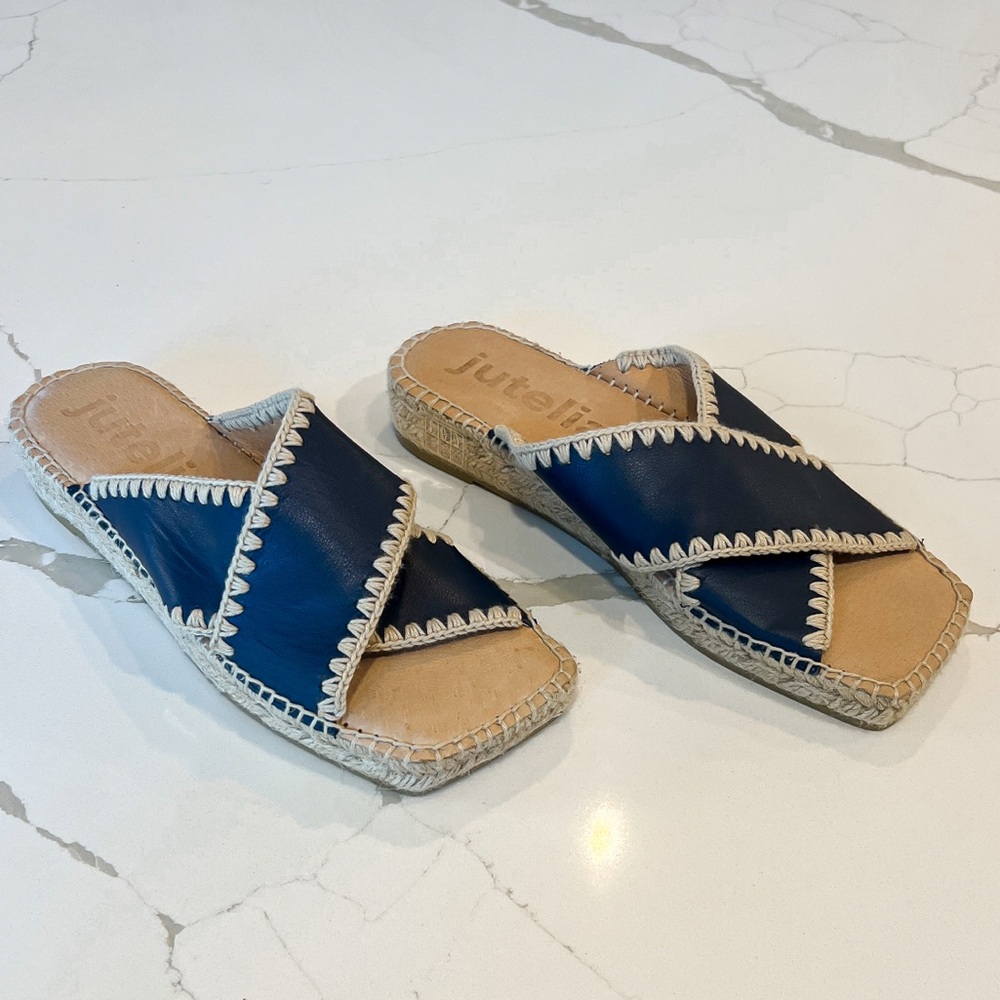 Jutelia Navy Blue Leather Cross Strap Espadrille Sandals Womens Sz EU 39 US 8.5
